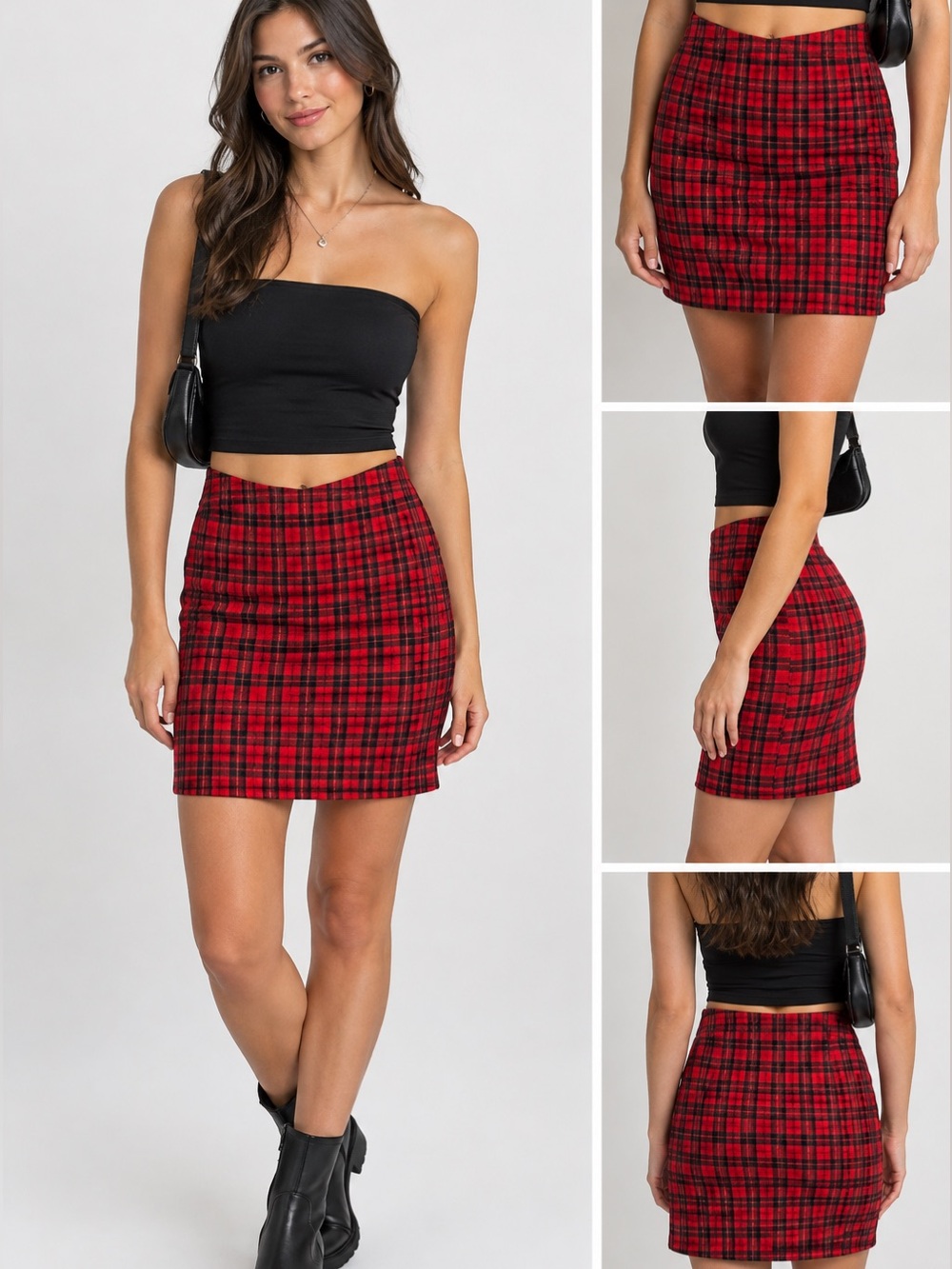 SHEIN Red and Black Plaid Pencil Skirt